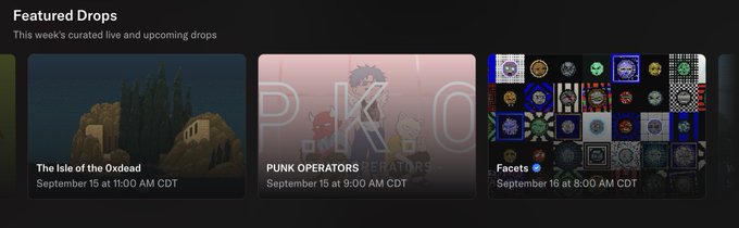 A "Featured Drops" section on OpenSea showcases three upcoming NFT collections: "The tale of the Oxdead" on September 15 at 11:00 AM CDT, "PUNK OPERATORS" on September 15 at 9:00 AM CDT, and "Facets" on September 16 at 8:00 AM CDT, highlighting the @pko_nft collection being featured alongside other creators.