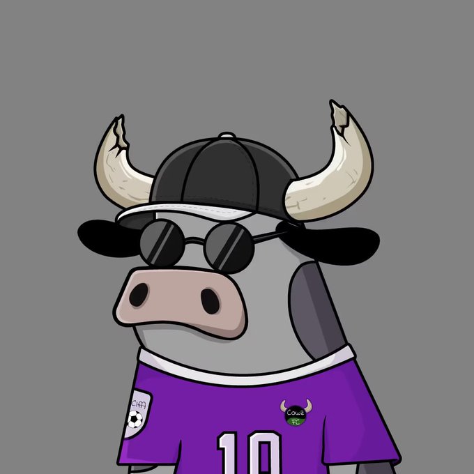 A cartoon cow wearing a black cap and round sunglasses, dressed in a purple soccer jersey with the number 10 and a "Cows FC" crest.