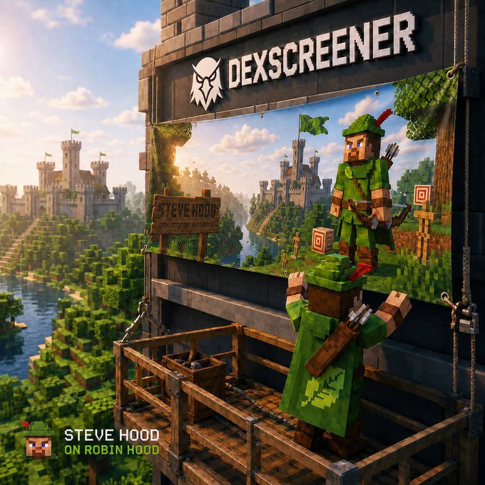 The image is a Minecraft-style thumbnail titled "DEXSCREENER" featuring a blocky archer character dressed as Robin Hood on a wooden platform, with the text "STEVE HOOD ON ROBIN HOOD" at the bottom left. The scene shows the character aiming at a target near a pixelated medieval castle and river landscape, visually tying into the post's playful suggestion that the "$STEVE" token has "discovered" real-world archery through the "MEAD" archery brand.