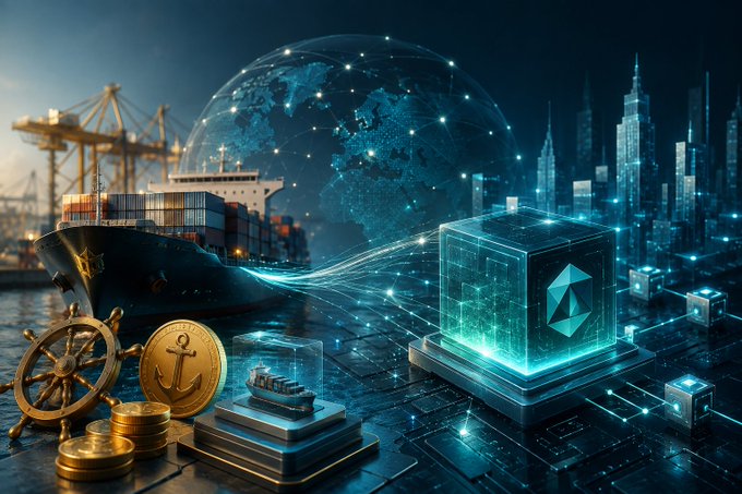 A digital composite image showing a container ship, port cranes, gold coins, and a ship's wheel juxtaposed with a glowing blue holographic globe and a translucent blockchain cube on a circuit board.