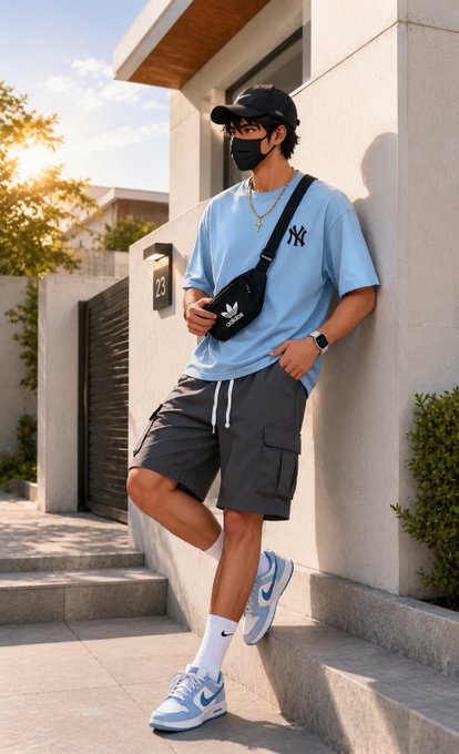 The image features a man wearing a blue shirt, black shorts, and white sneakers standing next to a building. He has his hands in his pockets and appears to be leaning against a wall or railing. The photo also includes text that reads "gm gm 𝕏 Thursday already..almost a wrap for the week.. still pushing more 2dae with @NomismaNetwork $RIVER | @River4fun". This suggests that the man might have been shopping at a store named "Nomisma Network" or has purchased some items from there. The post seems to be promoting an event, possibly related to fashion or lifestyle choices.