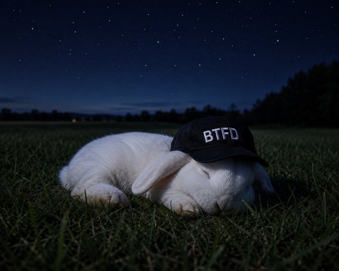 A white bunny sleeping in grass at night under a starry sky, wearing a black baseball cap with the letters 'BTFD'.