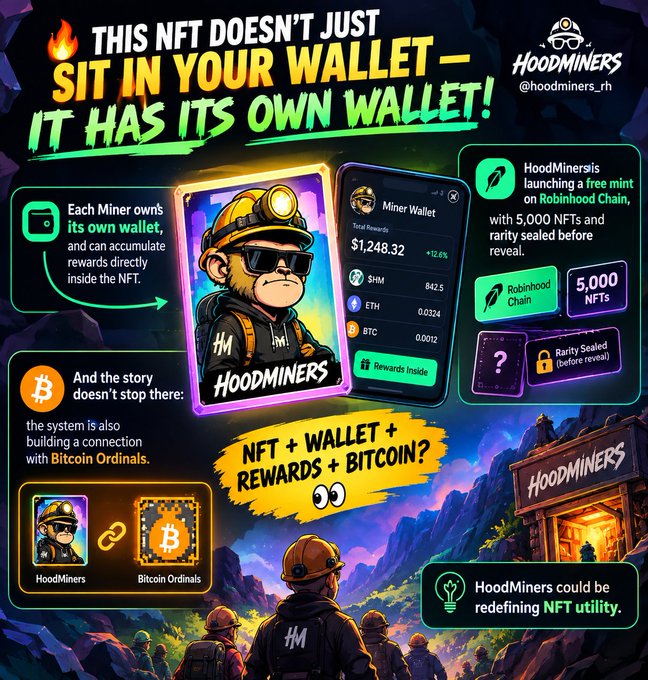 An ad for HoodMiners says, “This NFT doesn’t just sit in your wallet—it has its own wallet!” It promotes 5,000 HoodMiners NFTs on Robinhood Chain, with each NFT owning a wallet and connecting to Bitcoin Ordinals.