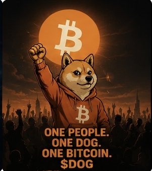 An illustrated Dogecoin-style Shiba Inu wearing a Bitcoin hoodie raises its fist triumphantly against a glowing Bitcoin sun, with the text "ONE PEOPLE. ONE DOG. ONE BITCOIN. $DOG" displayed below, visually tying together the Bitcoin and $DOG meme coin themes.