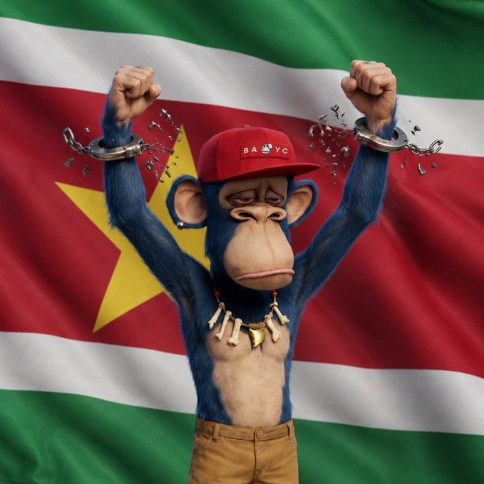 A digital artwork of a cartoon monkey wearing a 'BAYC' (Bored Ape Yacht Club) red cap, breaking handcuffs with a bone necklace, posed in front of the Suriname flag.