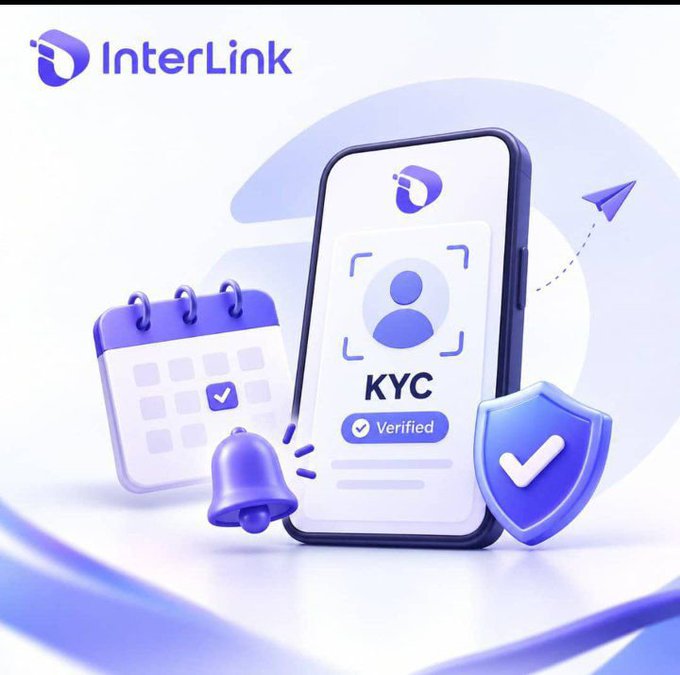 A digital illustration for 'InterLink' featuring a smartphone displaying a KYC verification interface alongside icons of a calendar, bell, and security shield.