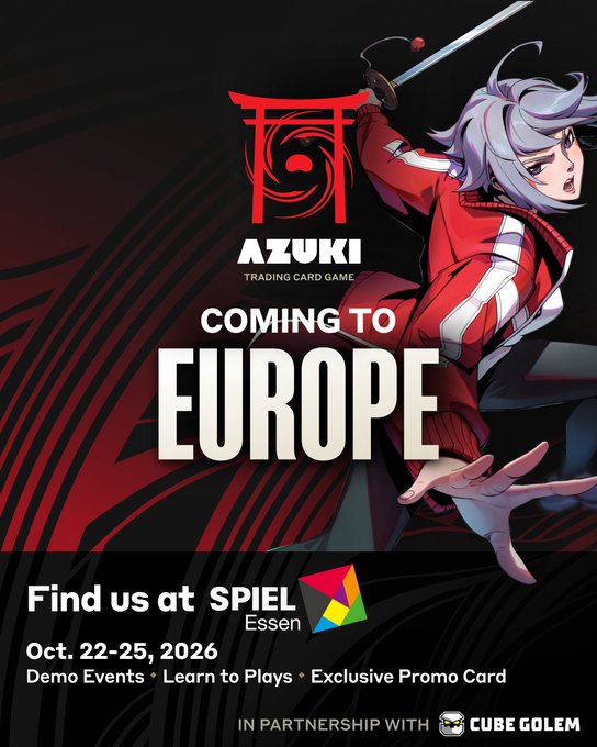 A promotional poster for the Azuki Trading Card Game announcing its European debut at SPIEL Essen (October 22-25, 2026), featuring anime-style artwork of a white-haired character wielding a sword in a red jacket. The poster highlights demo events, learn-to-plays, and an exclusive promo card in partnership with Cube Golem.