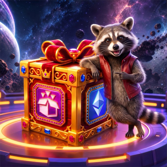 A cheerful raccoon in a red leather vest proudly points to an ornate, gem-studded treasure chest set against a cosmic backdrop of planets and asteroids. The chest displays symbols for a NFT collection and Ethereum, visually promoting the ZarGates Heroes of Valdir drop and VibeBox opening at 2 PM UTC starting at 2,000 Rubies.