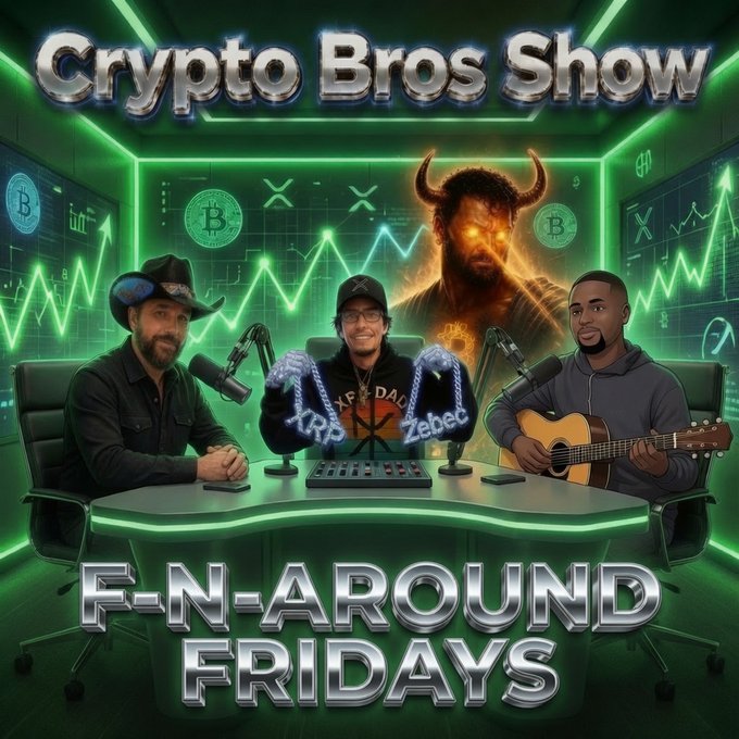 Podcast cover art titled 'Crypto Bros Show - F-N-AROUND FRIDAYS', depicting three men at a podcast desk with microphones, one with glowing XRP and Zebec chains, a devilish Bitcoin figure behind them, and green crypto charts in the background.