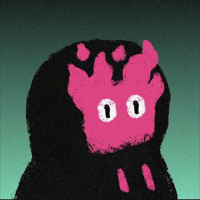 An artistic illustration of a mysterious black furry creature with a bright pink, paw-shaped face featuring two simple oval eyes, set against a green gradient background.