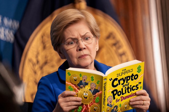 A serious-looking woman with glasses reads a "Crypto and Politics For Dummies" book featuring illustrations of political figures and Bitcoin-style coins, set against an official backdrop with a seal and partial "Congress" text visible. The image plays on the "Beginnings" caption by humorously suggesting she's taking her first steps into the world where cryptocurrency meets political power.
