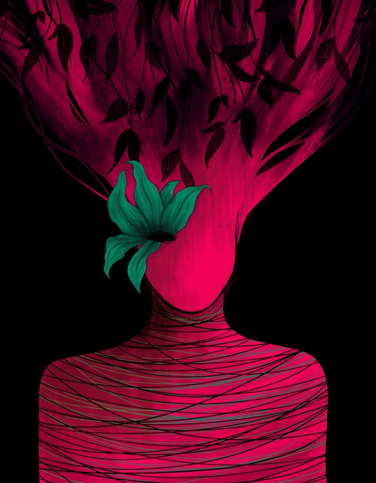 A stylized illustration of a figure with a faceless magenta head from which dark leaves and vines sprout, with a single teal flower blooming where the face would be, against a solid black background.