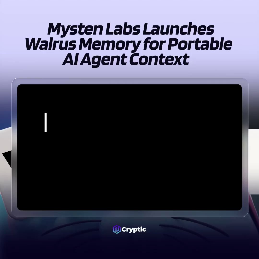 The image features a computer monitor with a blank screen. The text "Mysten Labs has launched Walrus Memory for Portable AI Agent Context" is displayed above the monitor, indicating that the image is related to the launch of Walrus Memory.