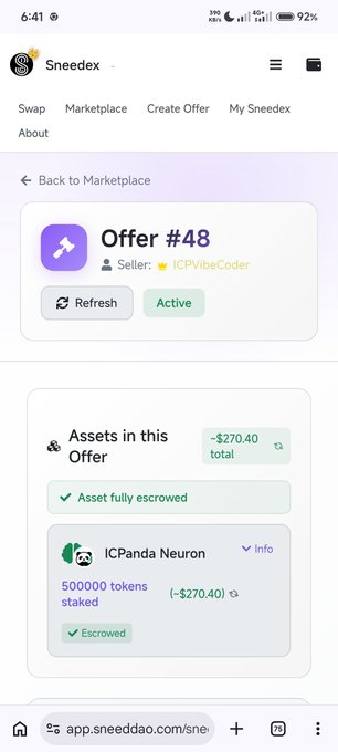 A screenshot from the Sneedex platform displaying Offer #48 by seller ICPVibeCoder, featuring an ICPanda Neuron asset with 500,000 tokens staked and valued at approximately $270.40, marked as fully escrowed and active.