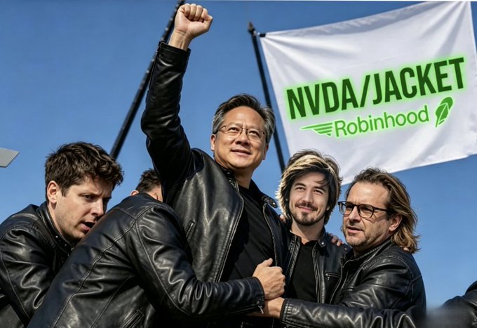 A group of men wearing black leather jackets crowd around Jensen Huang, who raises a fist triumphantly, as a flag behind them displays "NVDA/JACKET" and the Robinhood logo—illustrating the post's claim pairing NVIDIA with Robinhood's $JACKET token narrative.