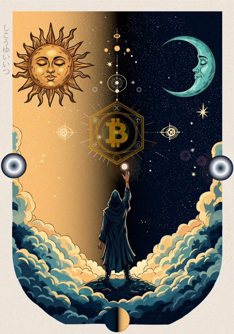 An artistic illustration split between day and night, featuring a sun and moon with faces, a Bitcoin symbol in the center, and a hooded figure standing on a hill below.