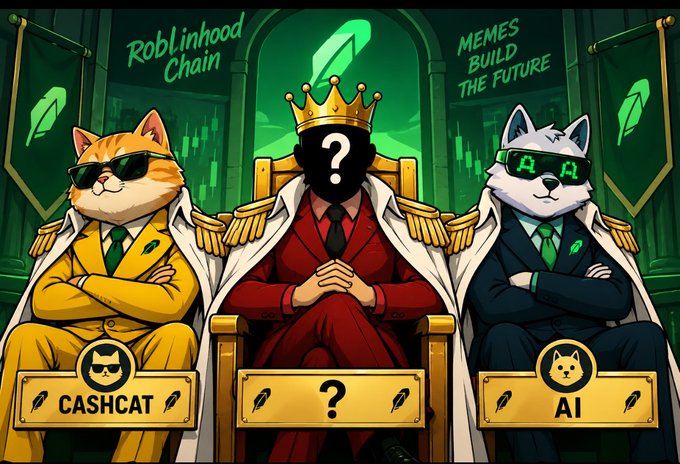 Three cartoon characters sit on thrones in front of a green-lit backdrop reading "RobLinhhood Chain" and "MEMES BUILD THE FUTURE" — a Shiba Inu labeled "CASHCAT," a mysterious figure in red with a crown and question mark, and a Husky labeled "AI" wearing digital sunglasses. The image playfully teases the unknown next potential 1000x Robinhood gem, using the question-mark character to represent the hidden, as-yet-unidentified memecoin the post is asking viewers to reveal.