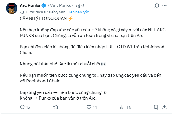 The image is a tweet from @Arc_Punks on X dated 5 days ago, announcing an update that warns holders their Arc Punks NFTs will remain safe in their Arc wallets if requirements aren't met, but to receive the promised FREE GTD WL on Robinhood Chain, users must comply with the requirements or stay with Arc. The post relates to the Arc Punks NFT project's shift toward Robinhood Chain, highlighting tensions between the two platforms after launchpad rug pulls and scams, with users facing a choice between following Arc to Robinhood Chain or keeping their Punks on Arc.