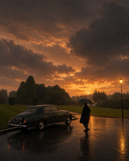 A lone figure in a long coat walks along a rain-soaked street past a vintage car under a dramatic orange sunset, holding an umbrella near a glowing lamppost. The cinematic, contemplative scene mirrors the post's forward-looking theme—evoking the steady, deliberate work of building foundational infrastructure, much like @CNPYNetwork and @quipnetwork quietly preparing the next era of decentralized and quantum-ready technology.