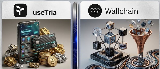 The image shows two different objects placed side by side against each other. One object has a smartphone with a wallet app displayed on its screen, while the other object features a glass vase filled with coins. The text "useTria" is also present in the image. The objects and their arrangement suggest that Wallchain is promoting the idea of using digital assets as part of traditional financial systems or platforms to create value through engagement and participation rather than just focusing on holding assets.