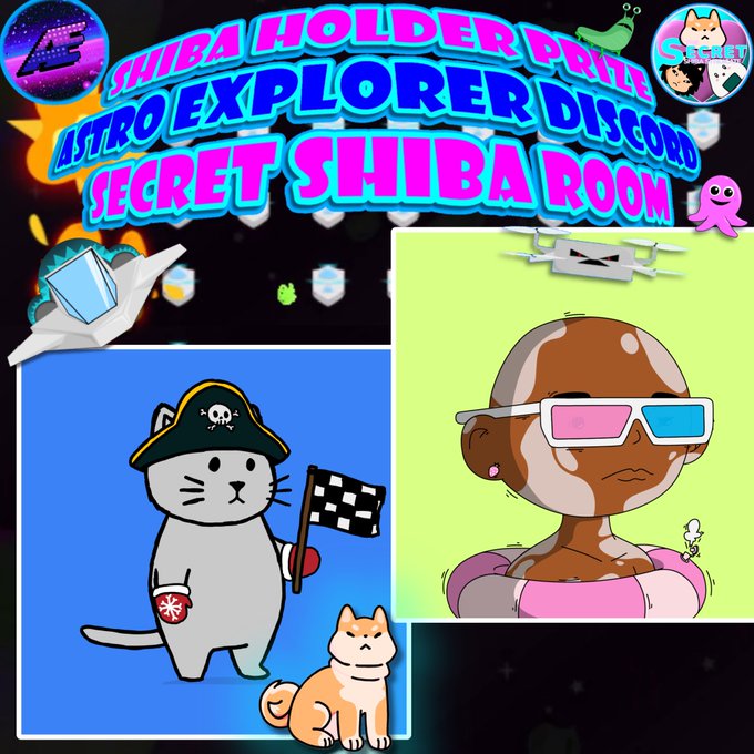 The image features a collage of three different pictures, each depicting a cat wearing a pirate hat and holding a flag. The first picture shows a gray cat with a red collar standing next to a brown dog. The second picture depicts an orange cat in a pirate costume holding a flag while standing next to a pink cat. The third picture features a brown cat wearing sunglasses and a pirate hat, standing next to a blue cat. These images are arranged on the poster for the Astro Explorers Discord Secret Shiba Room 2 holder prizes SK4L Zappy.
