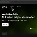 The image shows a search result from OKX's app or website for "WorldCupCaller," described as an "AI-tracked edges, win smarter" tool, highlighting OKX's AI agent infrastructure for automated, trust-based payments and operations as referenced in the post.