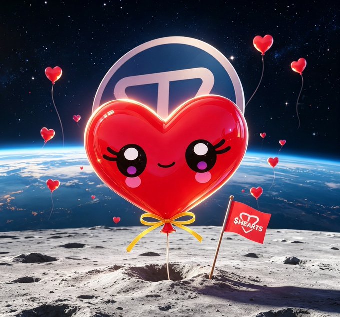 A cute, cartoonish red heart balloon with eyelashes stands on a lunar surface alongside a flag reading "HEARTS," surrounded by floating heart balloons against a starry Earth backdrop—visually capturing the post's "Helium Hearts to the moon" theme of hearts lifting off and soaring beyond Earth's atmosphere.