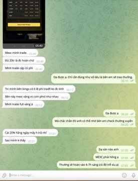 A Vietnamese-language chat conversation screenshot showing an exchange interface in the background with messages between two users discussing coin trading and transactions.