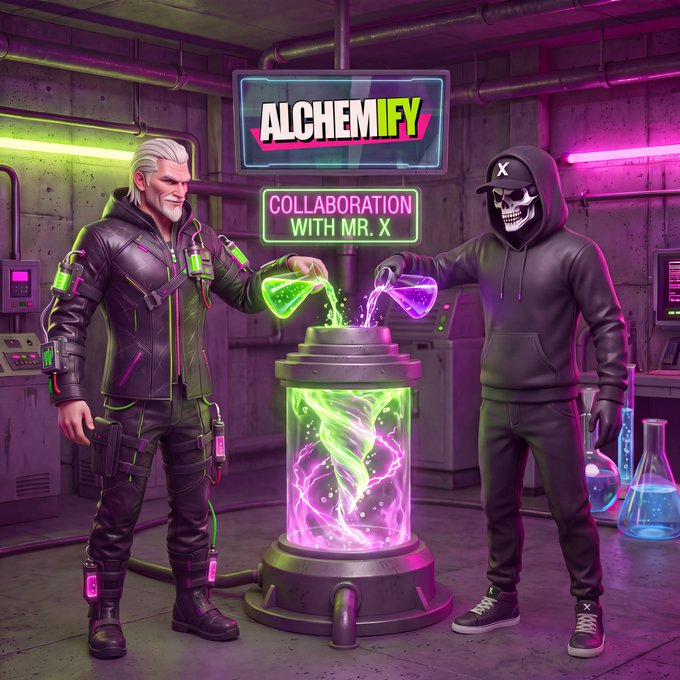 The image showcases a neon-lit lab scene featuring two characters—an older man with white hair pouring green liquid, and a skull-masked figure in a hoodie labeled "MR. X"—collaborating to create glowing potions, with signs reading "ALCHEMIFY" and "COLLABORATION WITH MR. X" above them, promoting an $ANSEM token giveaway.