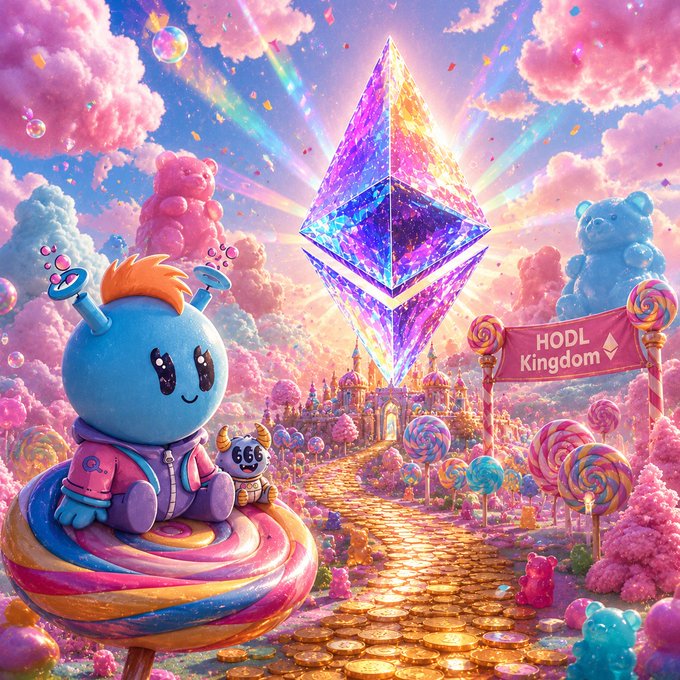 A vibrant, colorful digital illustration of a 'HODL Kingdom' featuring a cute blue mascot character with a small companion labeled '666', surrounded by candy, gummy bears, and a large glowing Ethereum crystal logo at the center.