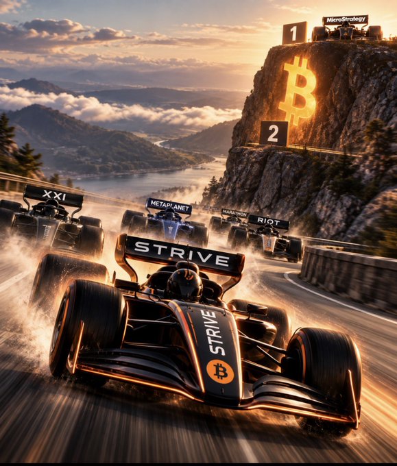 A fleet of F1 race cars themed with major Bitcoin treasury companies (Strive, XXI, Metaplanet, MARA, Riot) charges toward a cliff emblazoned with the glowing Bitcoin logo at positions 1 and 2, visually echoing "$ASST coming in Hot" as it surges to the front of the crypto treasury race.