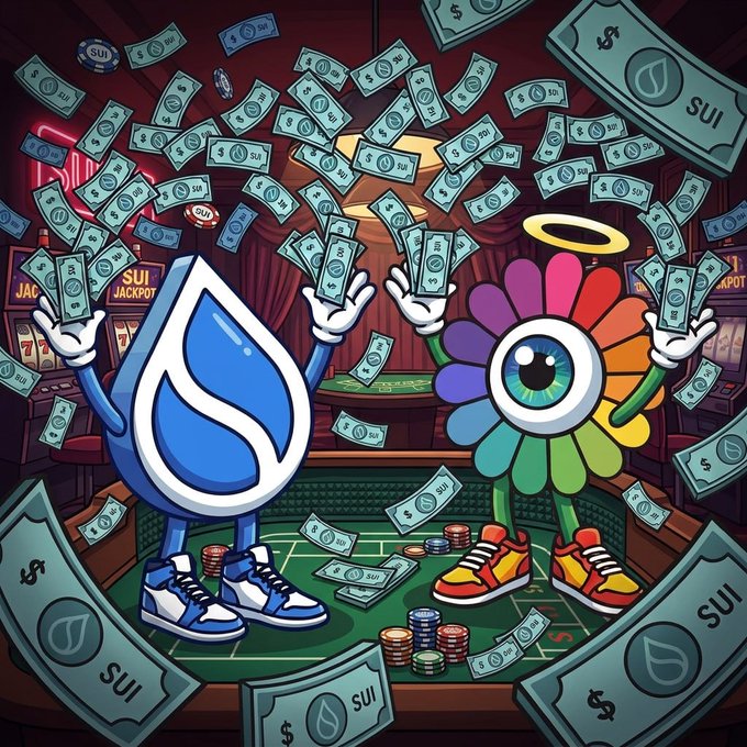 A cartoon Sui blockchain mascot and a rainbow one-eyed character in sneakers stand on a casino table surrounded by flying money and poker chips, with "SUI JACKPOT" and "SUI"-branded dollar bills visible. The image playfully illustrates the post's announcement of yososocial launching as the top prediction market on Sui, using gambling/casino imagery to emphasize the high-stakes "prediction market race" and short-cycle betting on the fast Sui network.