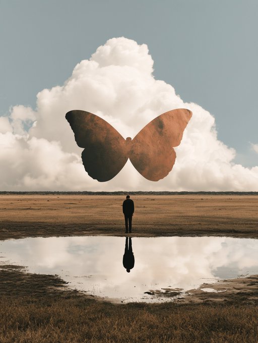 A surreal scene of a silhouetted person standing on a barren plain before a giant, cloud-like butterfly shape, with their reflection visible in a pool of water.