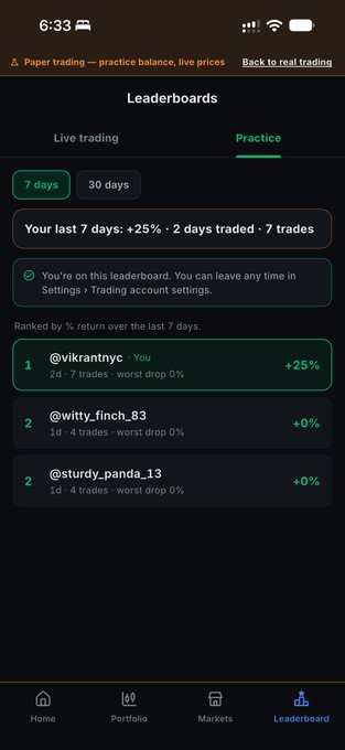 A mobile app screenshot showing a trading leaderboard for paper trading practice, with the user '@vikrantnyc' ranked #1 with +25% return over the last 7 days.