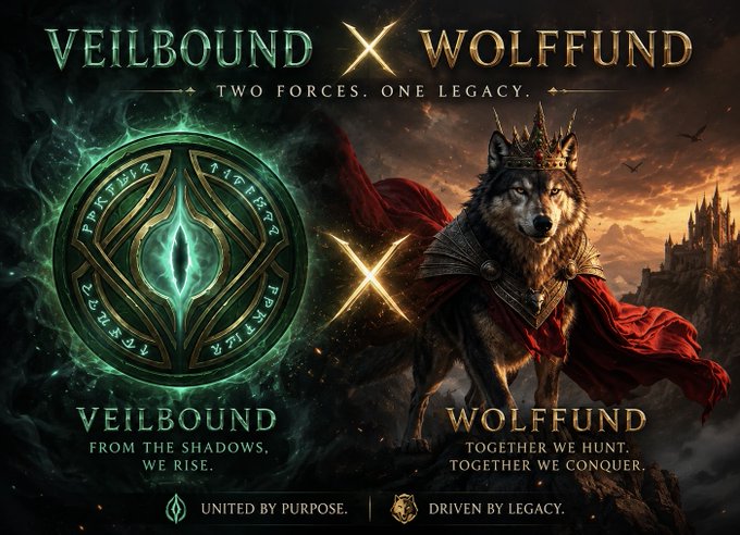 A promotional graphic displays "VEILBOUND X WOLFFUND" with the tagline "TWO FORCES. ONE LEGACY.", showing a mystical eye emblem on the left and a crowned wolf in red armor on the right, captioned "UNITED BY PURPOSE." and "DRIVEN BY LEGACY."