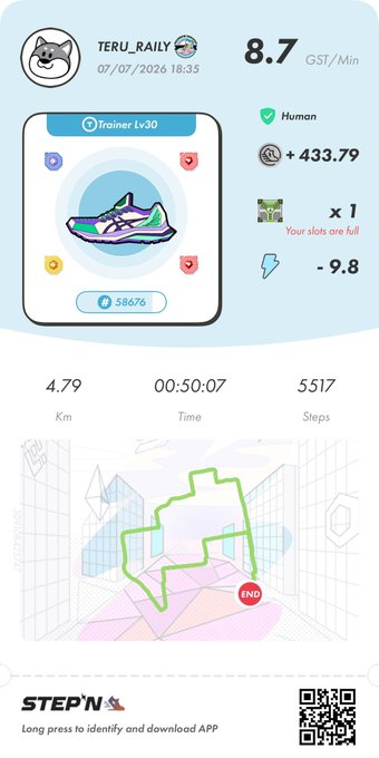 A STEPN app screenshot showing user TERU_RAILY earning 8.7 GST/Min with a Trainer Lv30 sneaker, displaying 4.79 Km walked in 00:50:07 over 5517 steps.