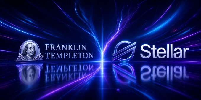 A promotional graphic featuring the Franklin Templeton logo alongside the Stellar cryptocurrency logo against a dark background with blue and purple light streaks.