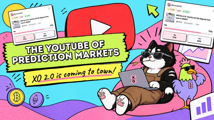 A vibrant promotional graphic for XO 2.0, dubbed "THE YOUTUBE OF PREDICTION MARKETS," features a sunglasses-wearing cartoon cat on a laptop alongside a purple rooster, set against a colorful backdrop with floating prediction market cards showing "CLOSE Legal" tags, a 77% probability for the U.S. Clarity Act being signed into law in 2026, and various cryptocurrency icons.