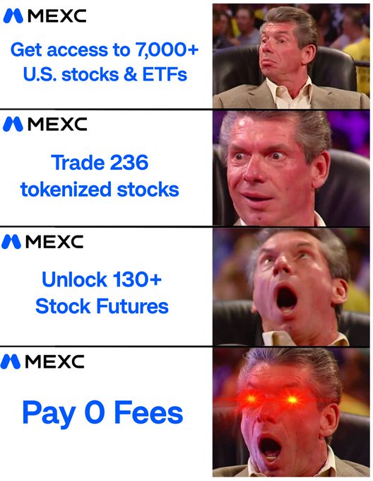 A four-panel MEXC cryptocurrency exchange meme featuring Vince McMahon's increasingly shocked face, listing features: 'Get access to 7,000+ U.S. stocks & ETFs', 'Trade 236 tokenized stocks', 'Unlock 130+ Stock Futures', and 'Pay 0 Fees'.