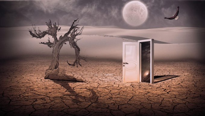 A surreal desert landscape featuring a withered tree beside an open white door that reveals a starry galaxy within, with a full moon and a bird flying overhead against a cloudy sky.