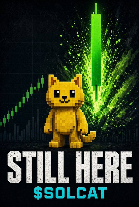 Cryptocurrency promotional graphic featuring a pixelated yellow cat character with text 'STILL HERE $SOLCAT' against a green candlestick chart background.