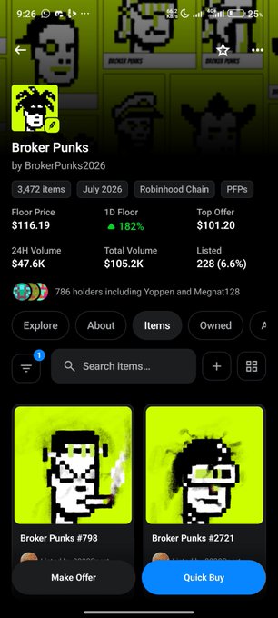 A mobile app screenshot of a NFT marketplace displaying a collection called 'Broker Punks by BrokerPunks2026' on Robinhood Chain, showing stats like a floor price of $116.19 and pixel-art punk images.