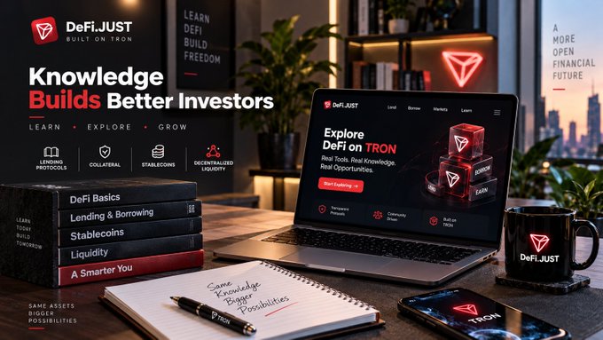 A promotional banner for 'DeFi.JUST' built on Tron, featuring the text 'Knowledge Builds Better Investors' above stacked books, a laptop showing 'Explore DeFi on TRON', a branded mug, and a notepad.
