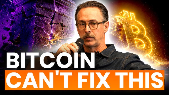A man speaks into a microphone against a backdrop featuring a cracked stone wall and a fiery Bitcoin symbol, with bold white and orange text reading "BITCOIN CAN'T FIX THIS"—visually reinforcing the post's warning about the tax and inheritance pitfalls facing high-net-worth Bitcoin holders.