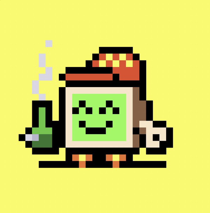 A pixel art illustration on a yellow background depicting a computer monitor with a green smiley face screen wearing a red cap, holding a smoking green bottle.