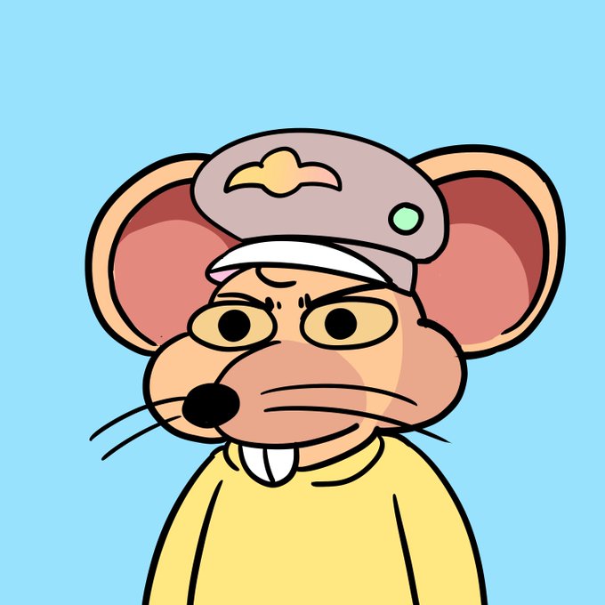 A cartoon illustration of an angry-looking mouse wearing a grey captain's hat with a yellow emblem and a yellow shirt, set against a light blue background.