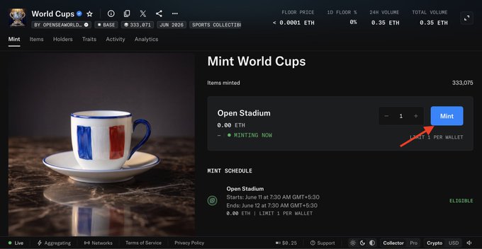 The image shows a screenshot of a webpage with information related to minting a Mint OpenSea Free World Cup Collection, which was posted by @base FCFS. It appears that the website's collection has just been launched, as indicated by the time shown on the screen (0:55), and it is available for use at the moment. This post likely provides instructions or details about how to get your Mint OpenSea Free World Cup Collection made into a cashback cryptocurrency token, which can be added to your wallet to receive cryptocurrency payments for using minted tokens.