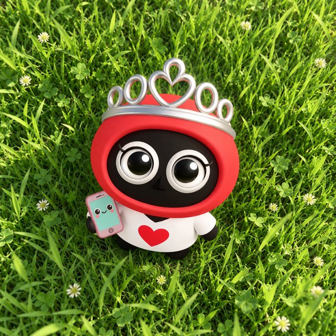 A 3D-rendered cute character wearing a red hood with a silver tiara holds a smiling smartphone, set against a background of green grass and clovers.