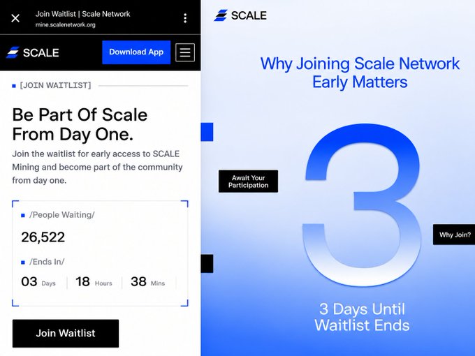 A promotional graphic for Scale Network showing a waitlist webpage with 26,522 people waiting and a countdown of 3 days, 18 hours, 38 minutes, alongside a large blue '3' indicating '3 Days Until Waitlist Ends'.