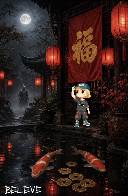 An anime-style digital artwork showing a small chibi character standing on a wet street beside a pond with two koi fish and gold coins, with red lanterns and a banner displaying the Chinese character 福 (fortune); the word 'BELIEVE' appears in the bottom left.